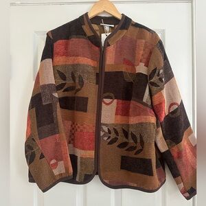 Vintage Dressbarn Brown and Tan Leaf Fern Design Statement Jacket